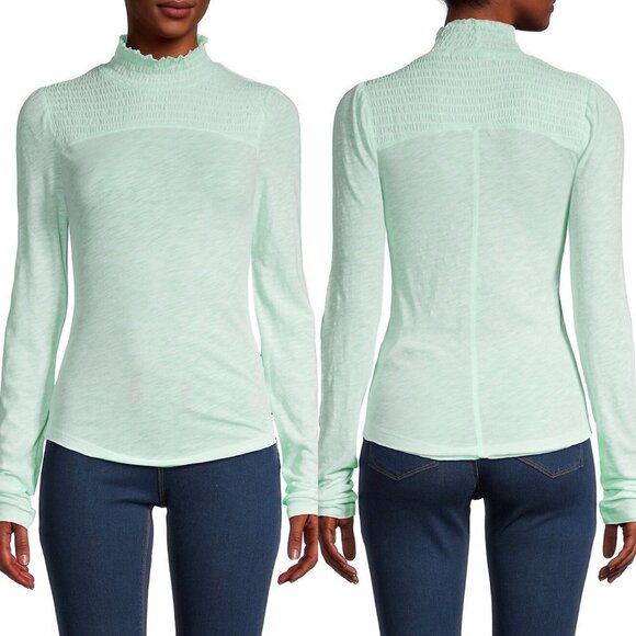 Free People Womens NWOT Green Iced Aqua Caroline Smocked Turtleneck Blouse Large - Picture 1 of 9